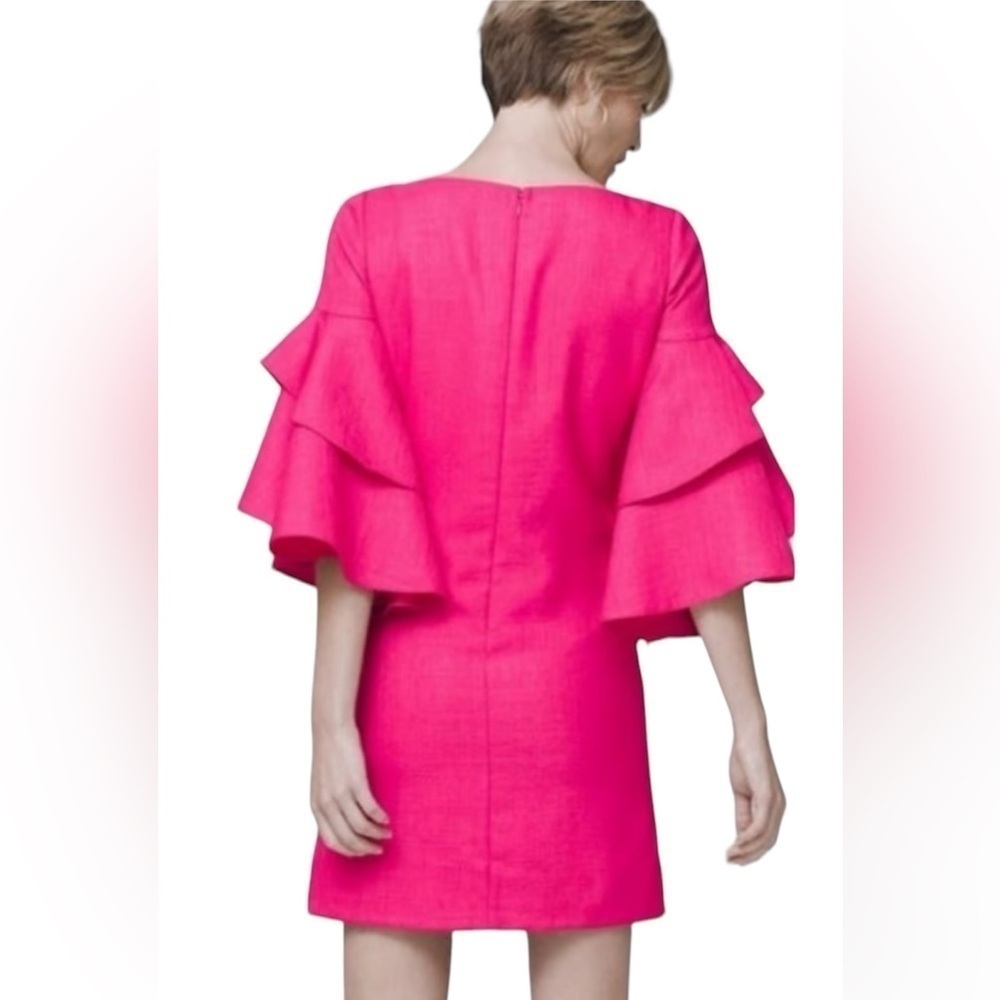 Badgley Mischka Pink Tiered Flutter Sleeve Shift Dress Size 12 - Picture 2 of 9